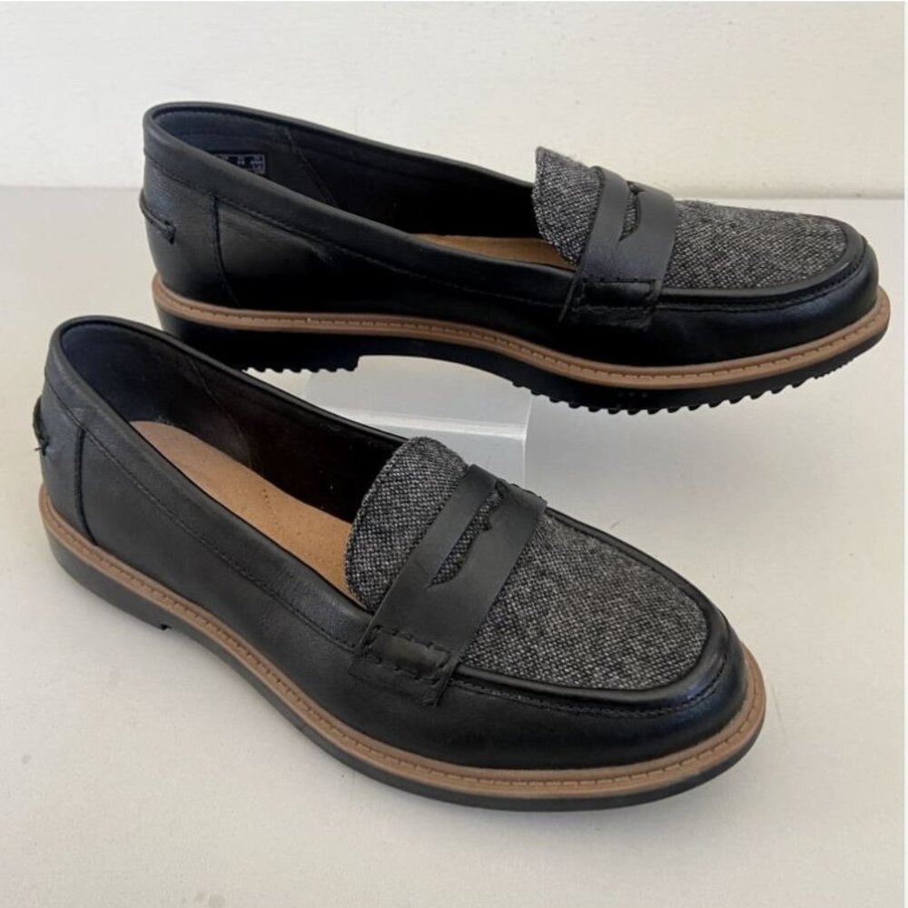 Clarks Black and Gray Penny Loafers
